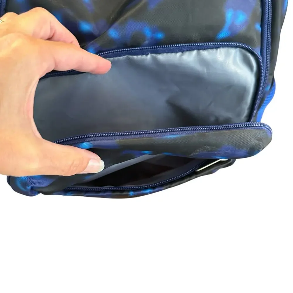 Backpack, kids, soccer ball, flames, blue black tie dye, multi-compartment